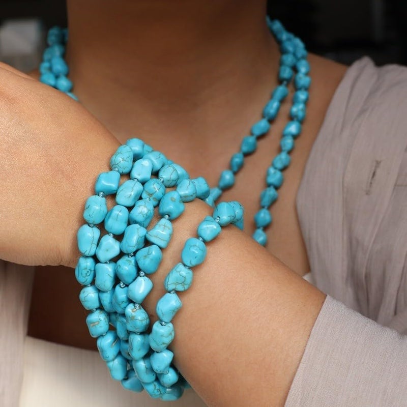 QS Long Turquoise Necklace Round Stone Beads Chunky Fashion Jewelry for Women cross Necklace Multi Meditation necklace 47.5inch - Image 5